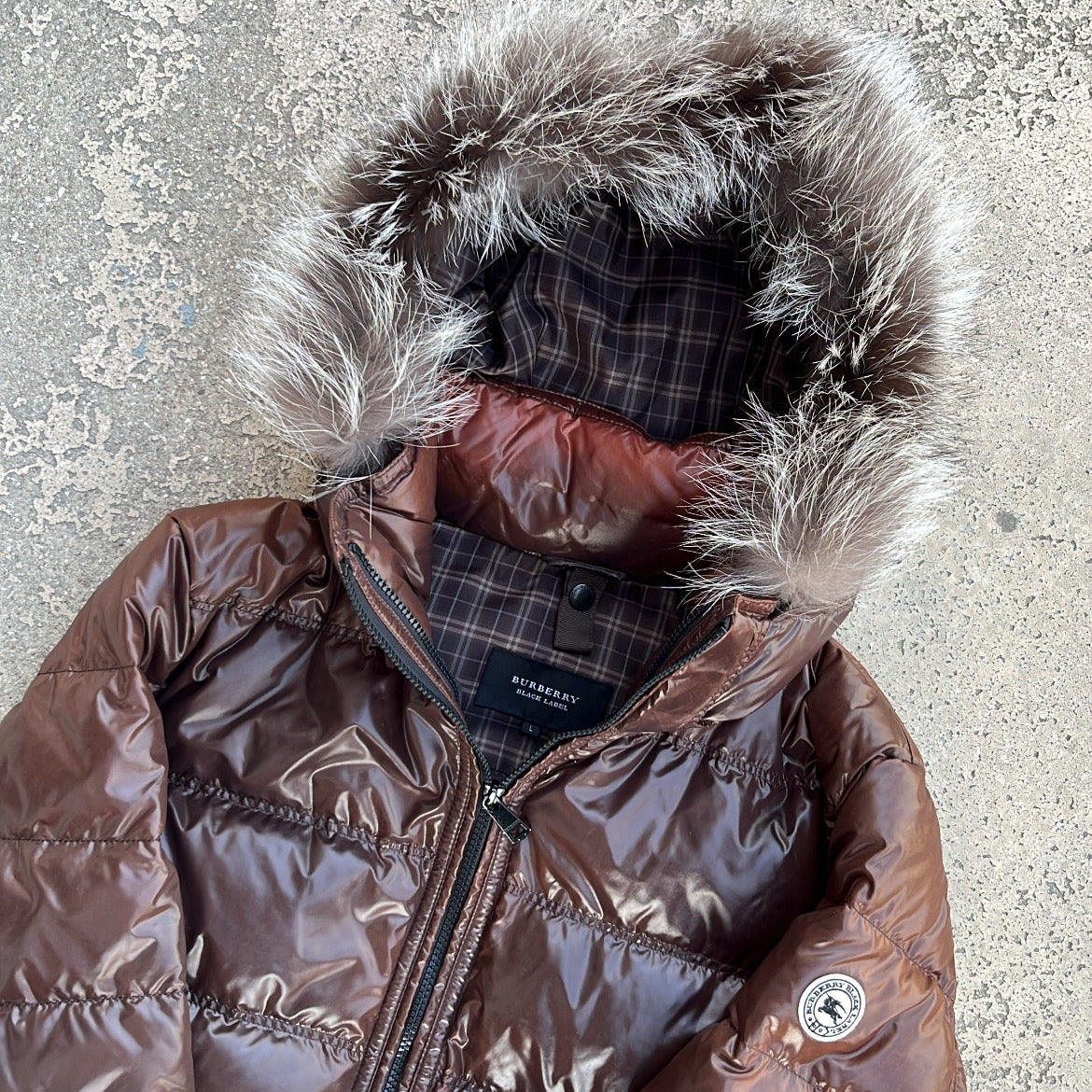 Burberry Black Label Glossy Brown Jacket - L - Silver Fox Fur