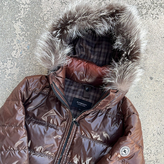 Burberry Black Label Glossy Brown Jacket - L - Silver Fox Fur