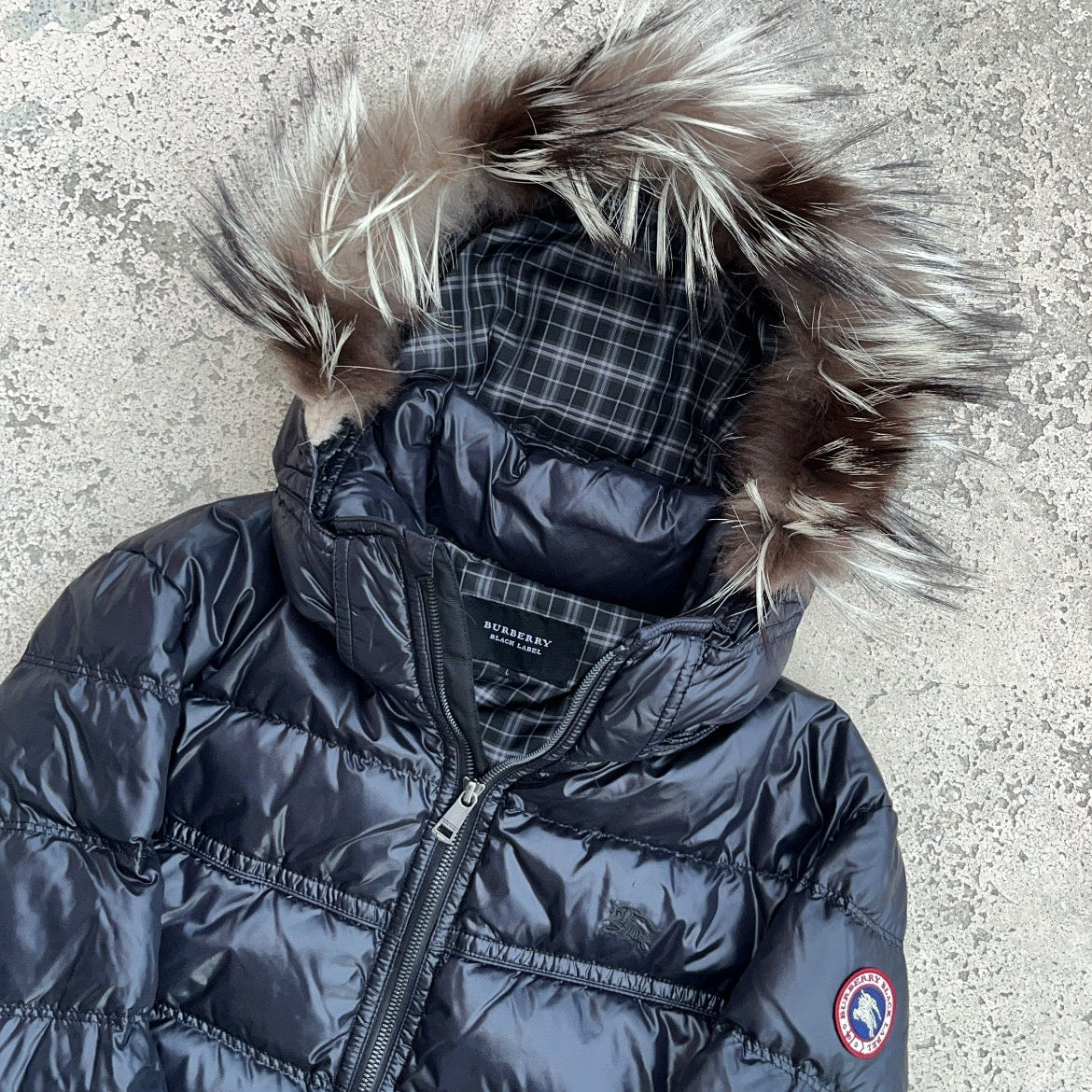 Burberry Black Label Glossy Black Jacket - L - Real Silver Fox Fur