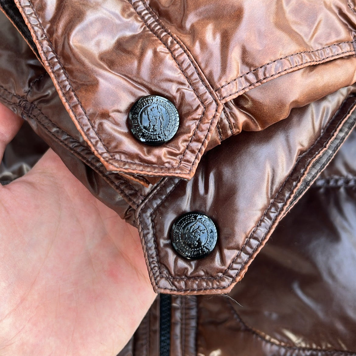 Burberry Black Label Glossy Brown Jacket - L - Silver Fox Fur