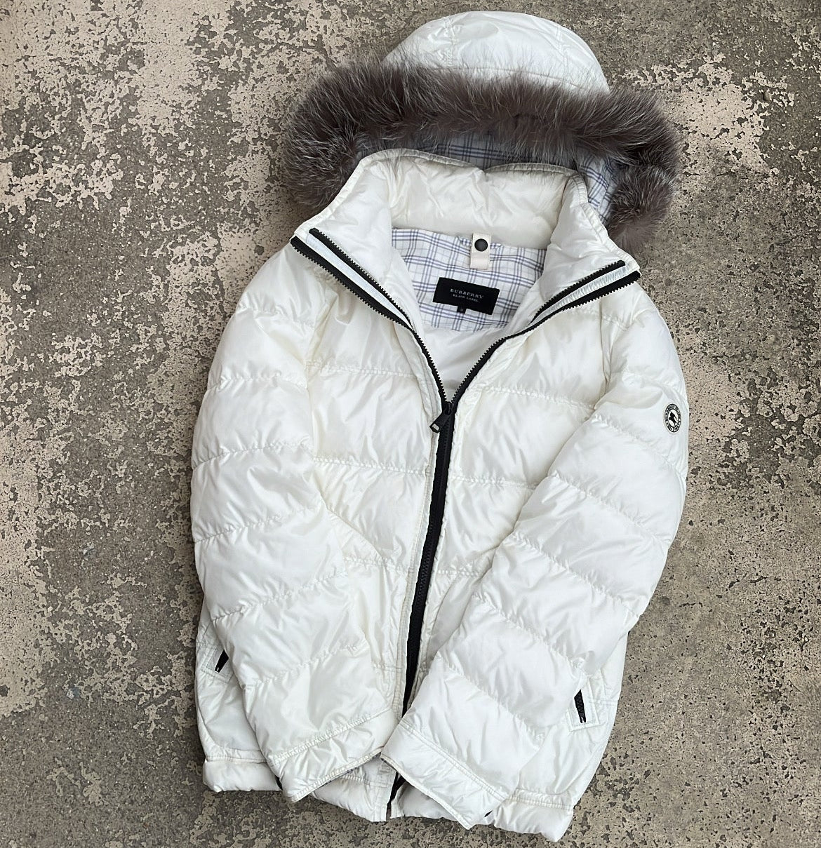 Burberry Black Label Glossy White Jacket - M - Real Silver Fox Fur