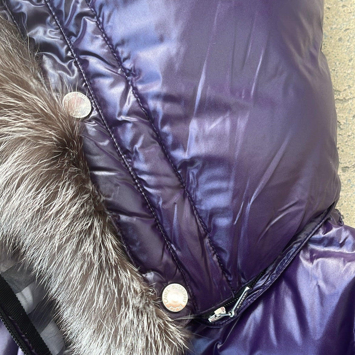Burberry Black Label Glossy Purple Jacket - M - Real Silver Fox Fur