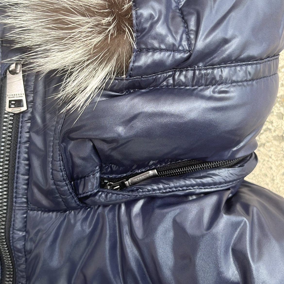Burberry Black Label Glossy Navy Blue Jacket - L - Real Silver Fox Fur