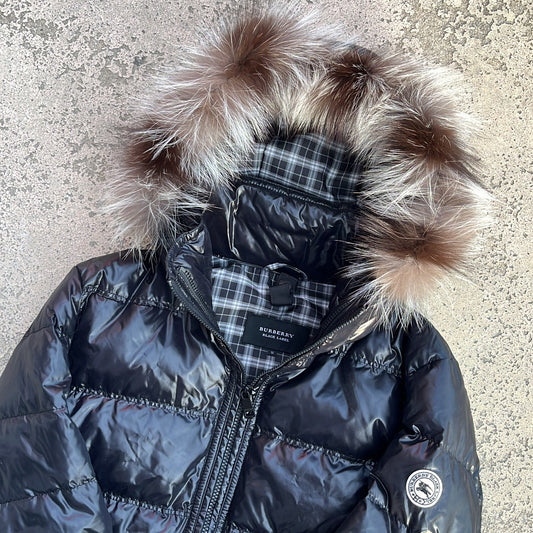 Burberry Black Label Glossy Black Jacket - M - Silver Fox Fur
