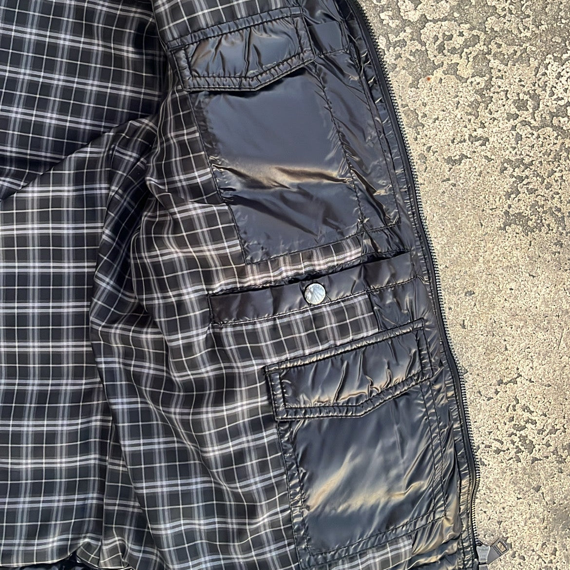 Burberry Black Label Glossy Black Jacket - LL - Real Silver Fox Fur