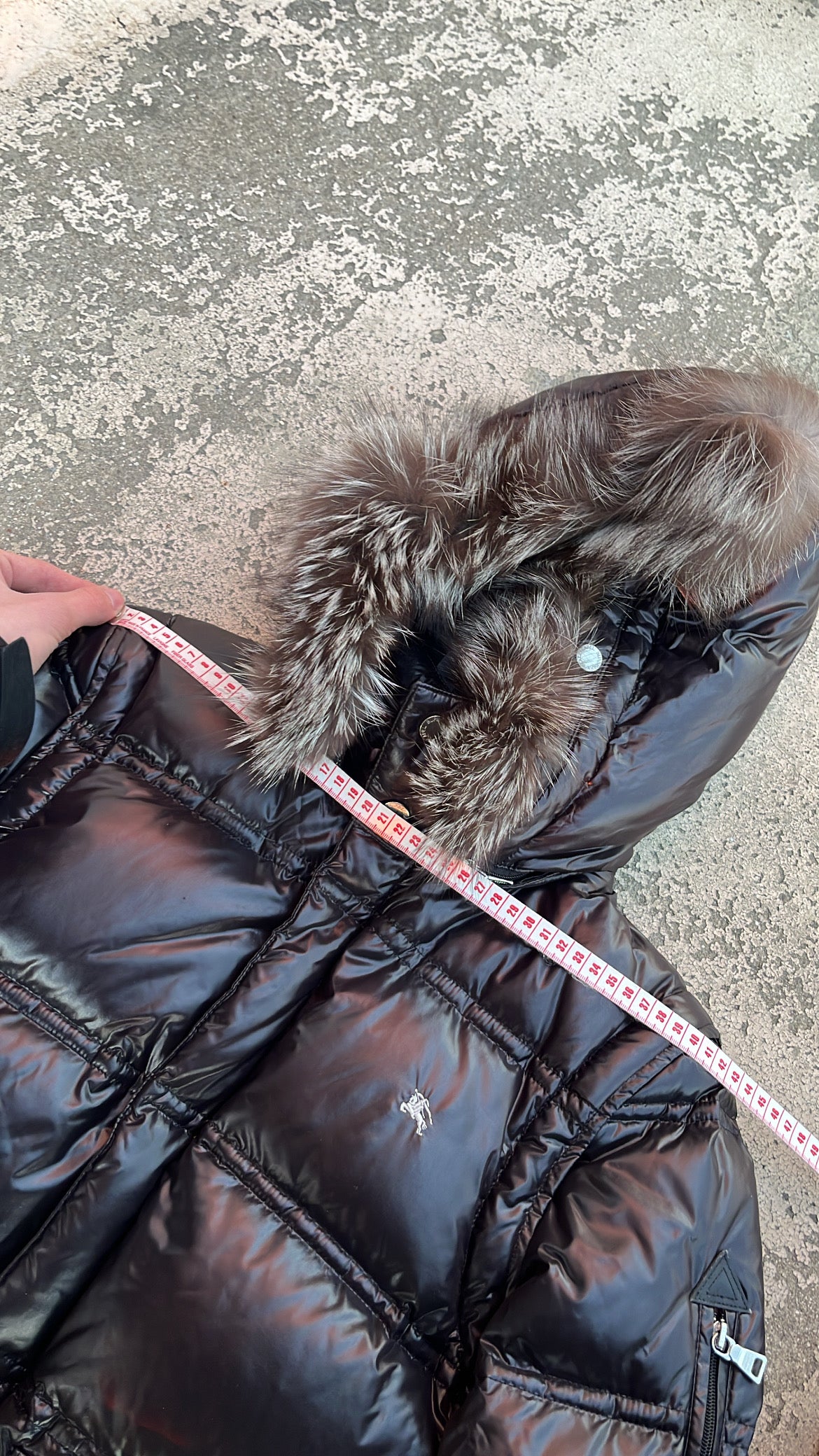 Burberry Black Label Glossy Black Jacket - M - Real Silver Fox Fur