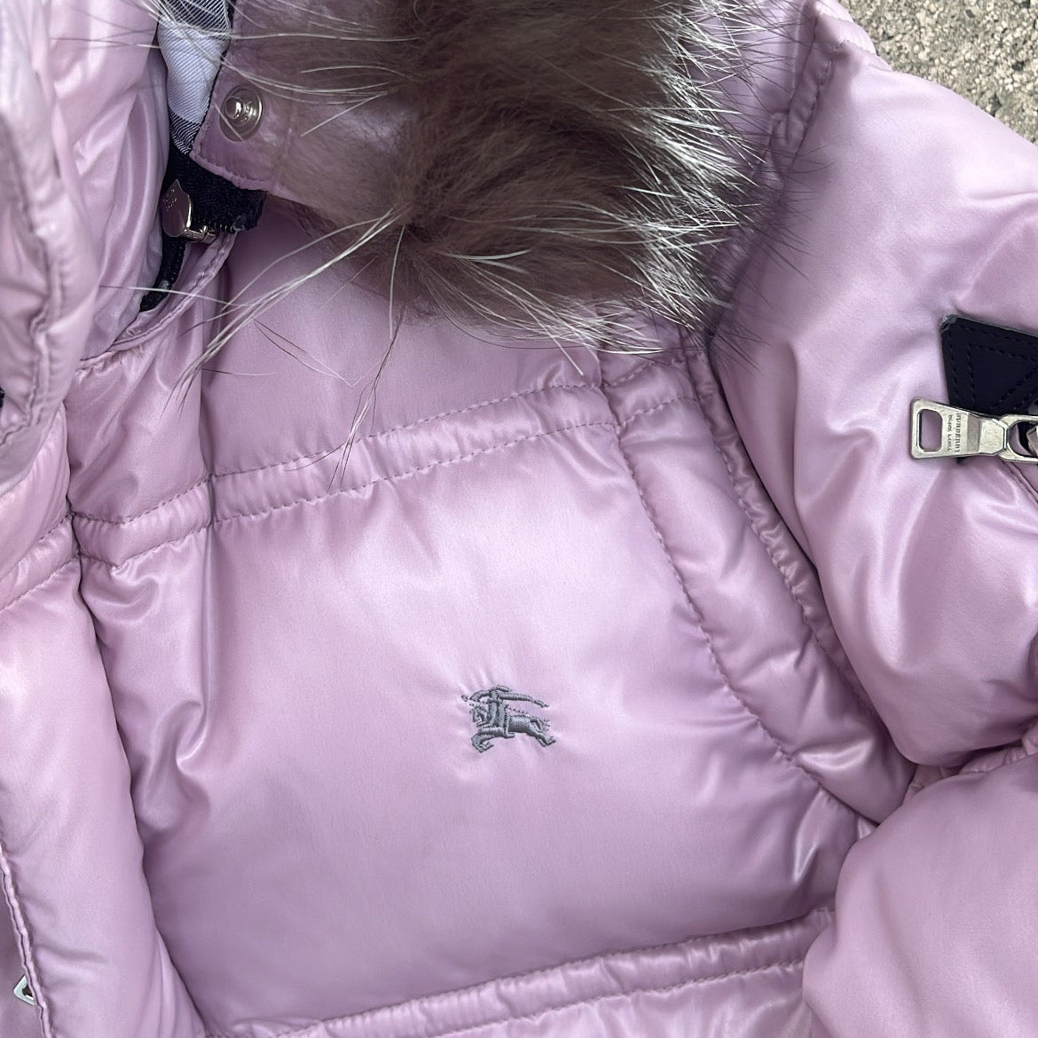 Burberry Black Label Glossy Pink Jacket - M - Real Silver Fox Fur