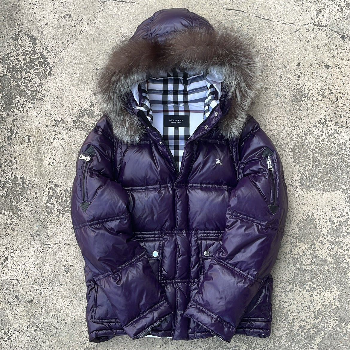 Burberry Black Label Glossy Purple Jacket - M - Real Silver Fox Fur
