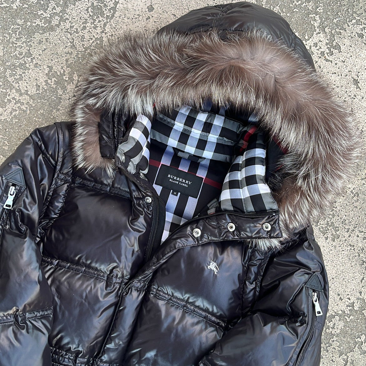 Burberry Black Label Glossy Black Jacket - M - Real Silver Fox Fur