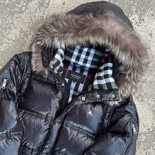 Burberry Black Label Glossy Black Jacket - M - Real Silver Fox Fur