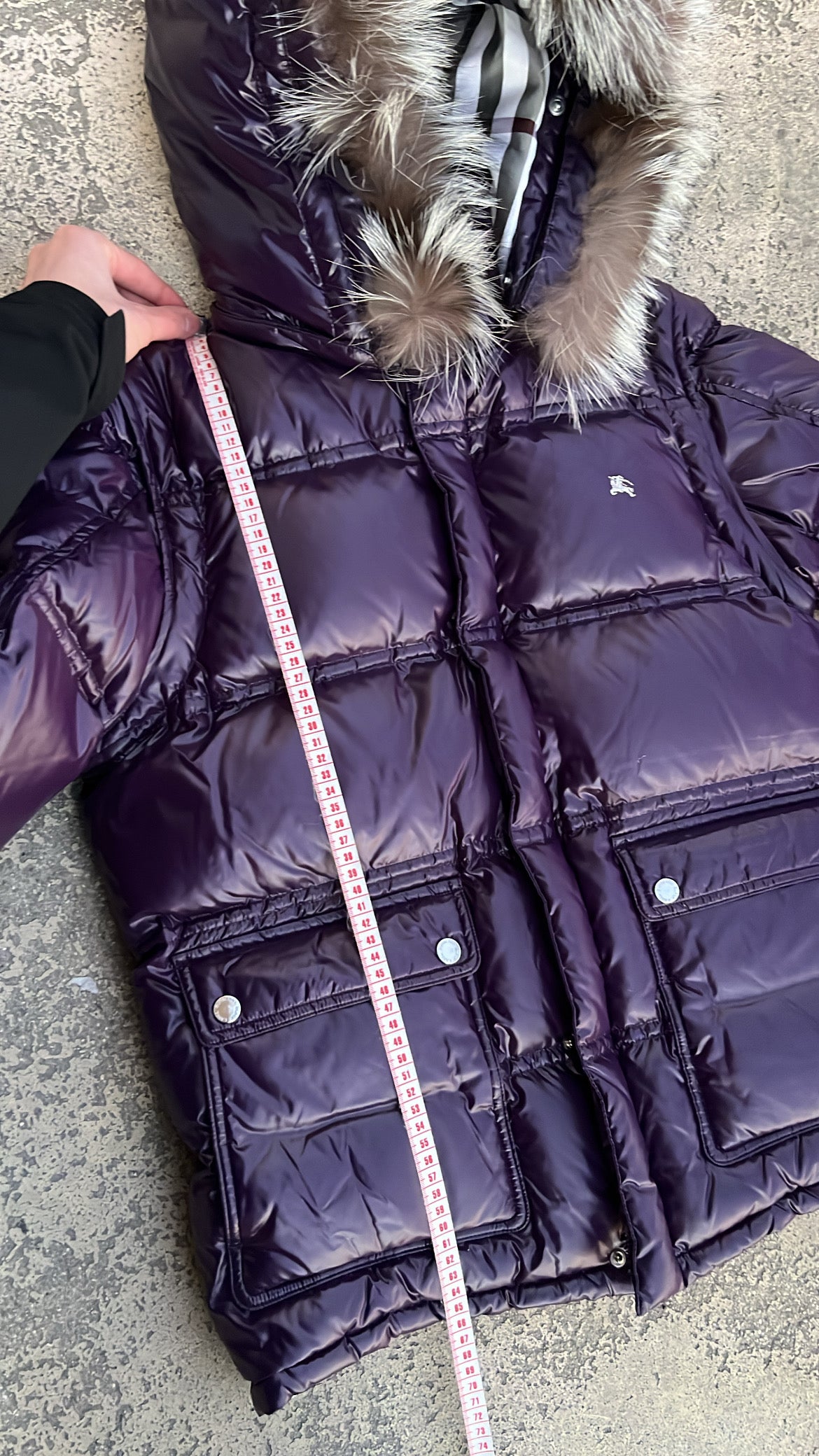 Burberry Black Label Glossy Purple Jacket - L - Real Silver Fox Fur