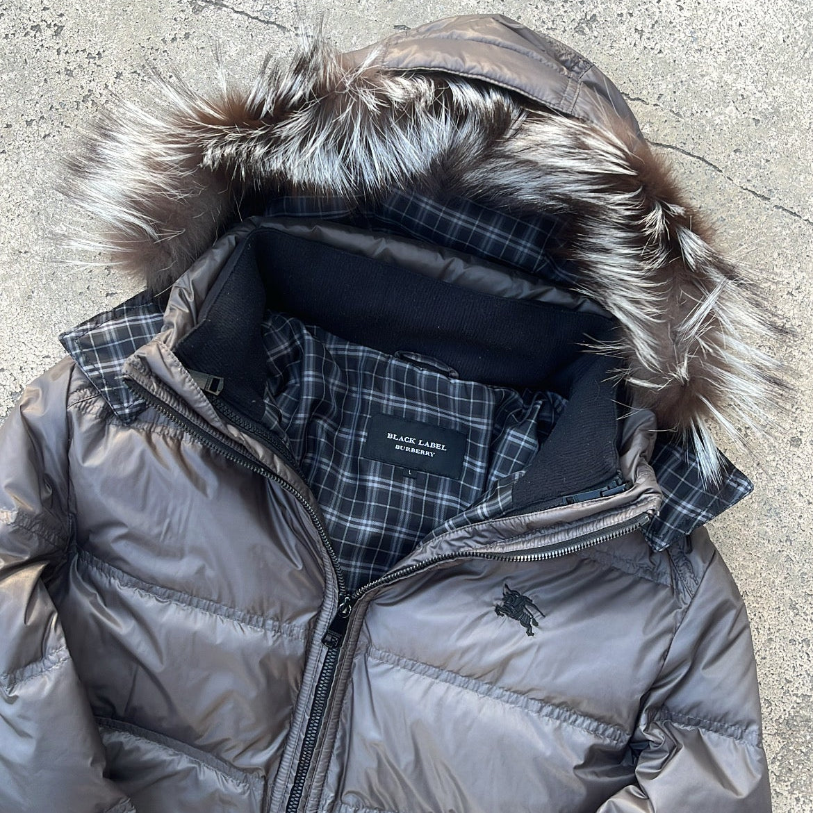 Burberry Black Label Glossy Grey Jacket - L - Real Silver Fox Fur
