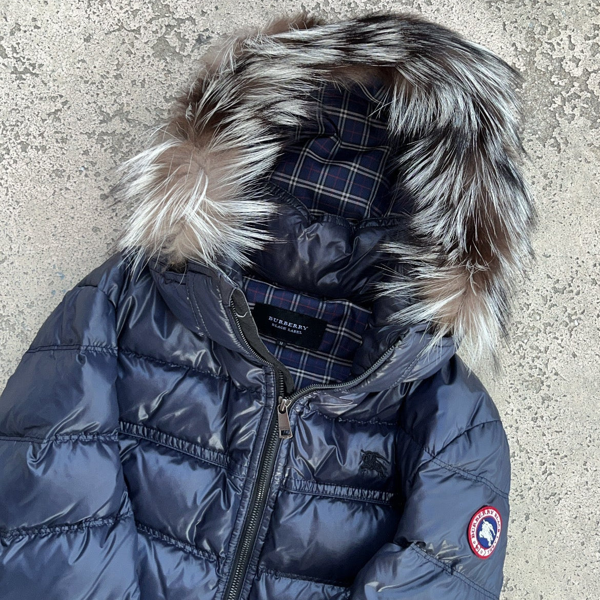 Burberry Black Label Glossy Navy Blue Jacket - M - Real Silver Fox Fur