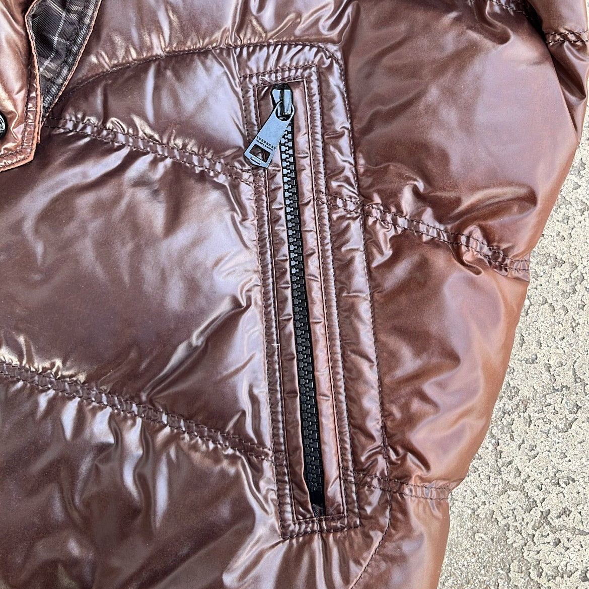 Burberry Black Label Glossy Brown Jacket - L - Silver Fox Fur