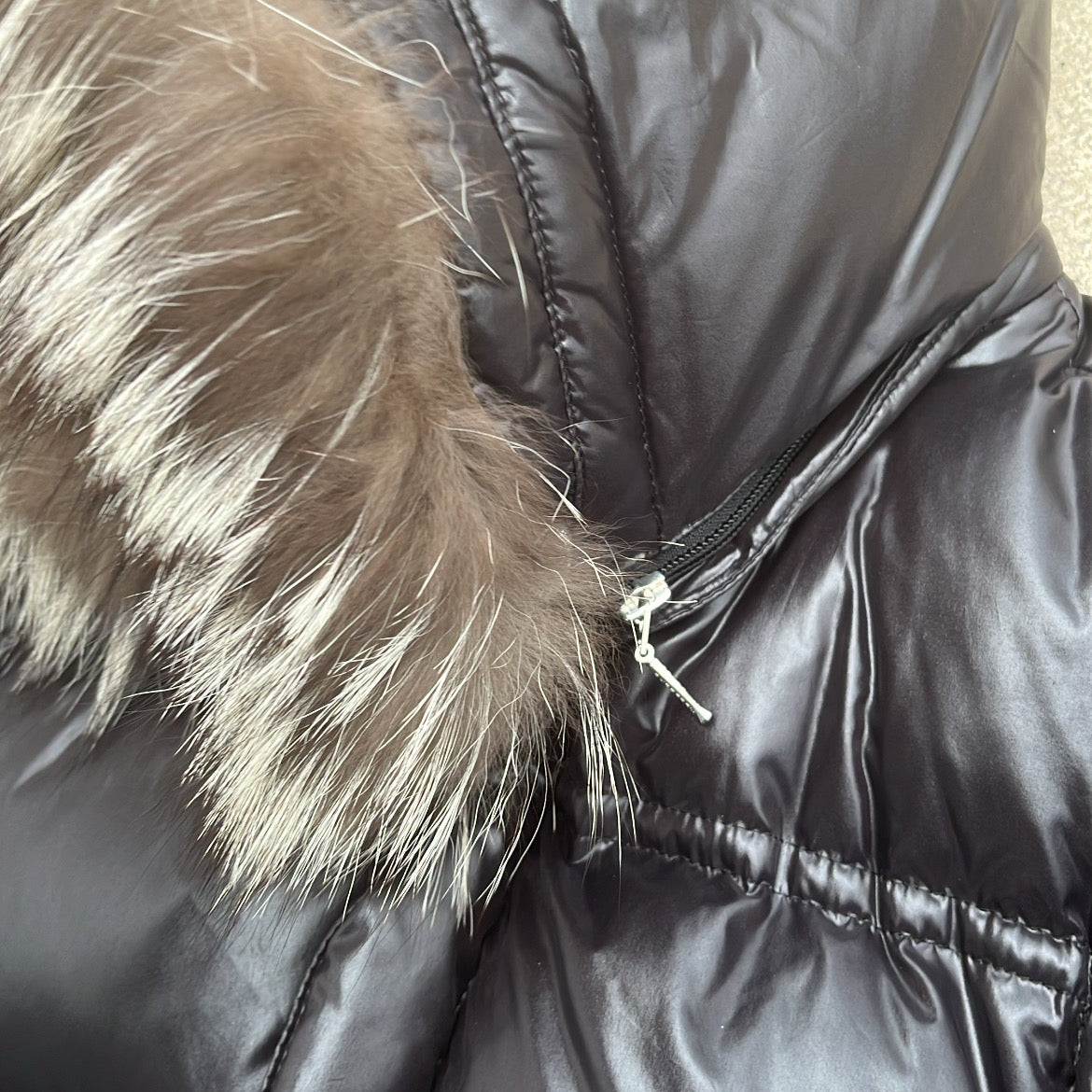 Burberry Black Label Glossy Black Jacket - M - Real Silver Fox Fur