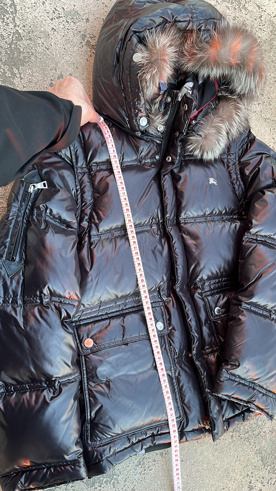 Burberry Black Label Glossy Black Jacket - M - Real Silver Fox Fur