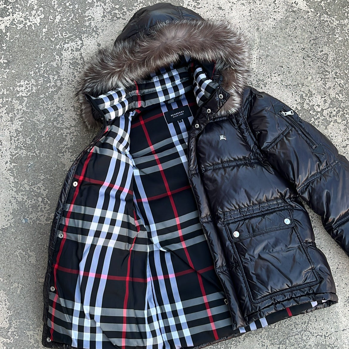 Burberry Black Label Glossy Black Jacket - M - Real Silver Fox Fur