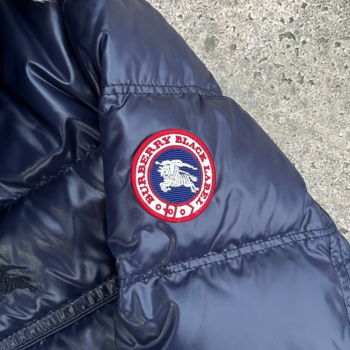 Burberry Black Label Glossy Navy Blue Jacket - M - Real Silver Fox Fur