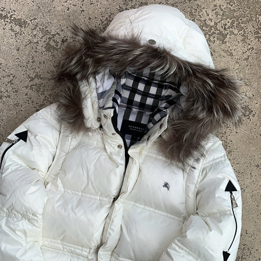 Burberry Black Label Glossy White Jacket - S - Silver Fox Fur