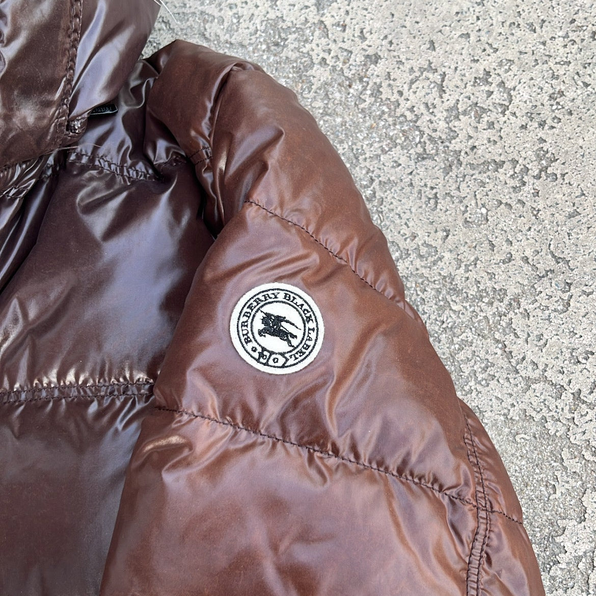Burberry Black Label Glossy Brown Jacket - L - Silver Fox Fur