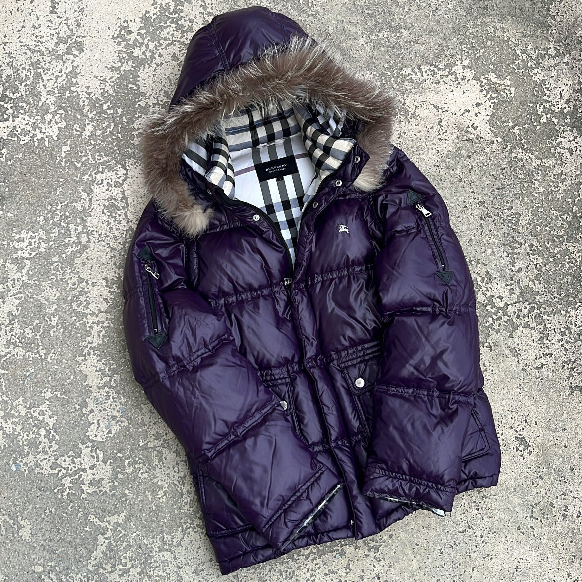 Burberry Black Label Glossy Purple Jacket - L - Real Silver Fox Fur