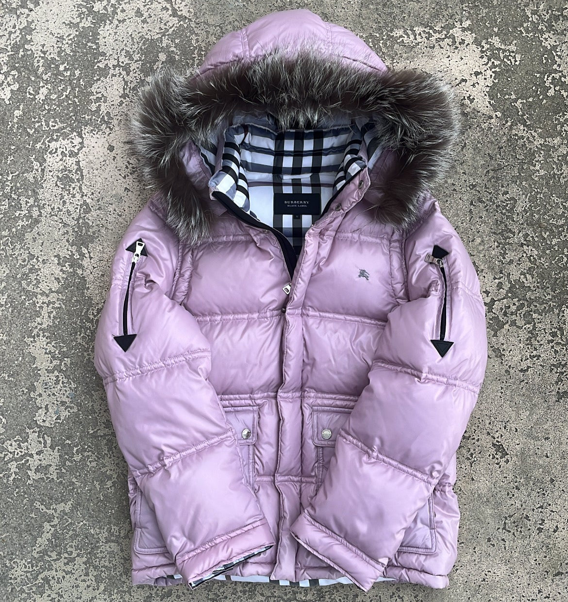 Burberry Black Label Glossy Pink Jacket - M - Real Silver Fox Fur