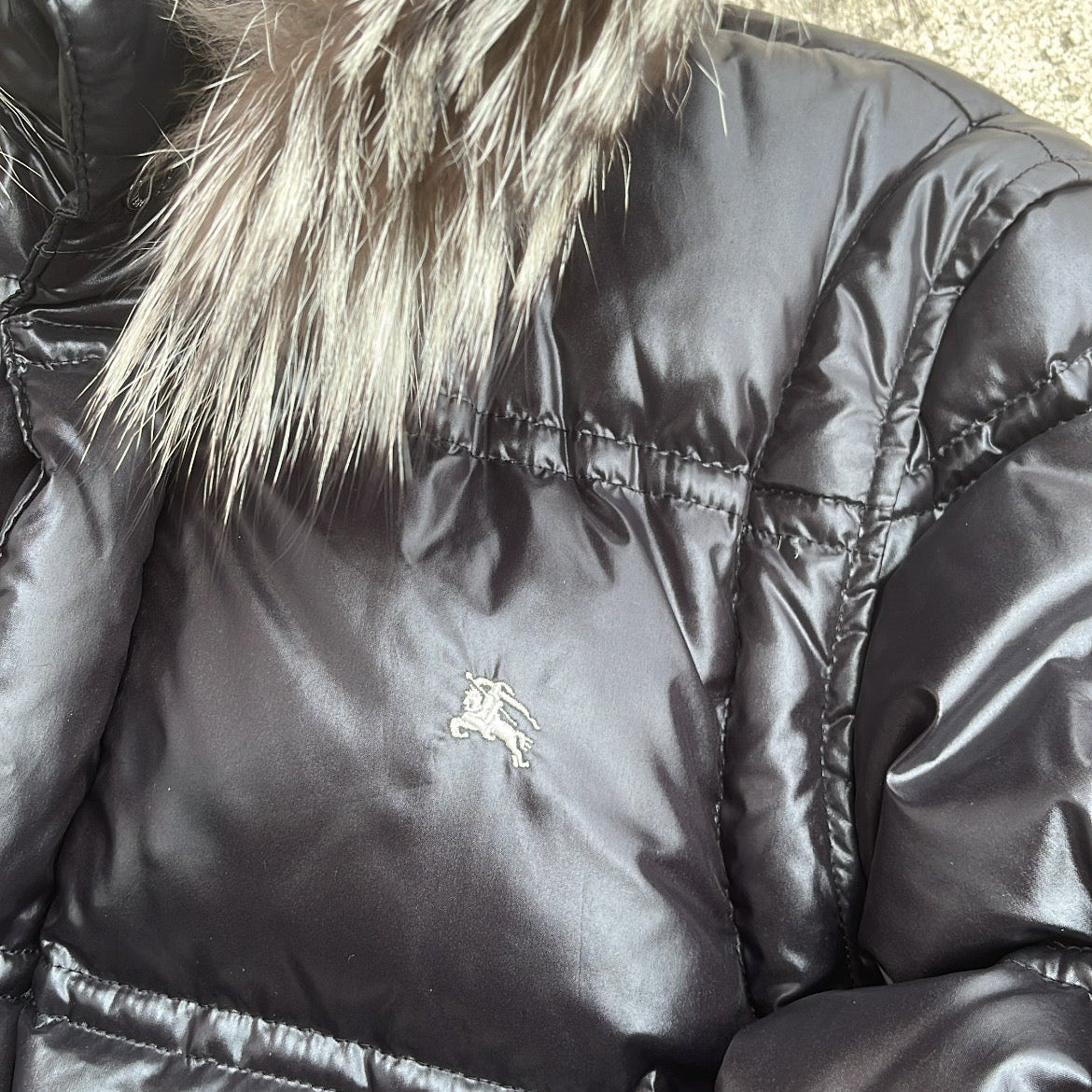 Burberry Black Label Glossy Black Jacket - M - Real Silver Fox Fur