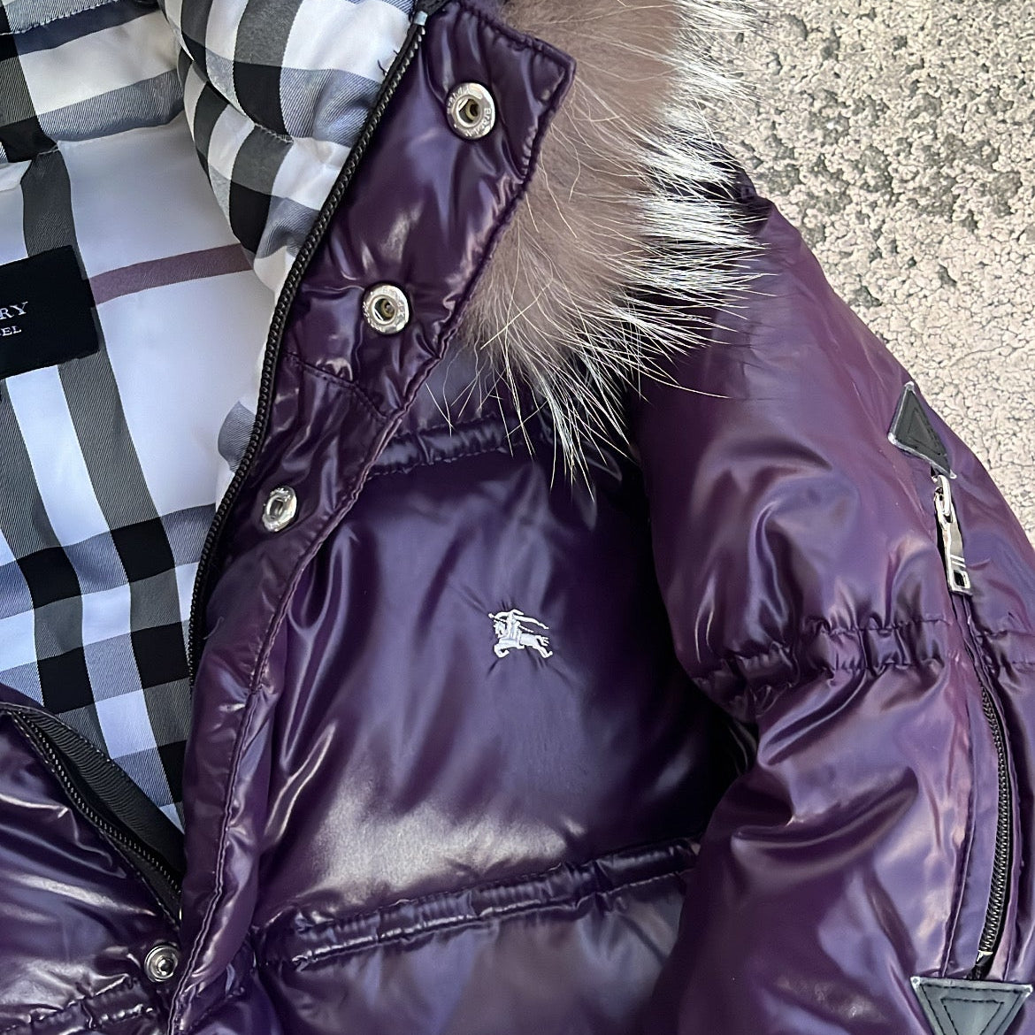 Burberry Black Label Glossy Purple Jacket - L - Real Silver Fox Fur