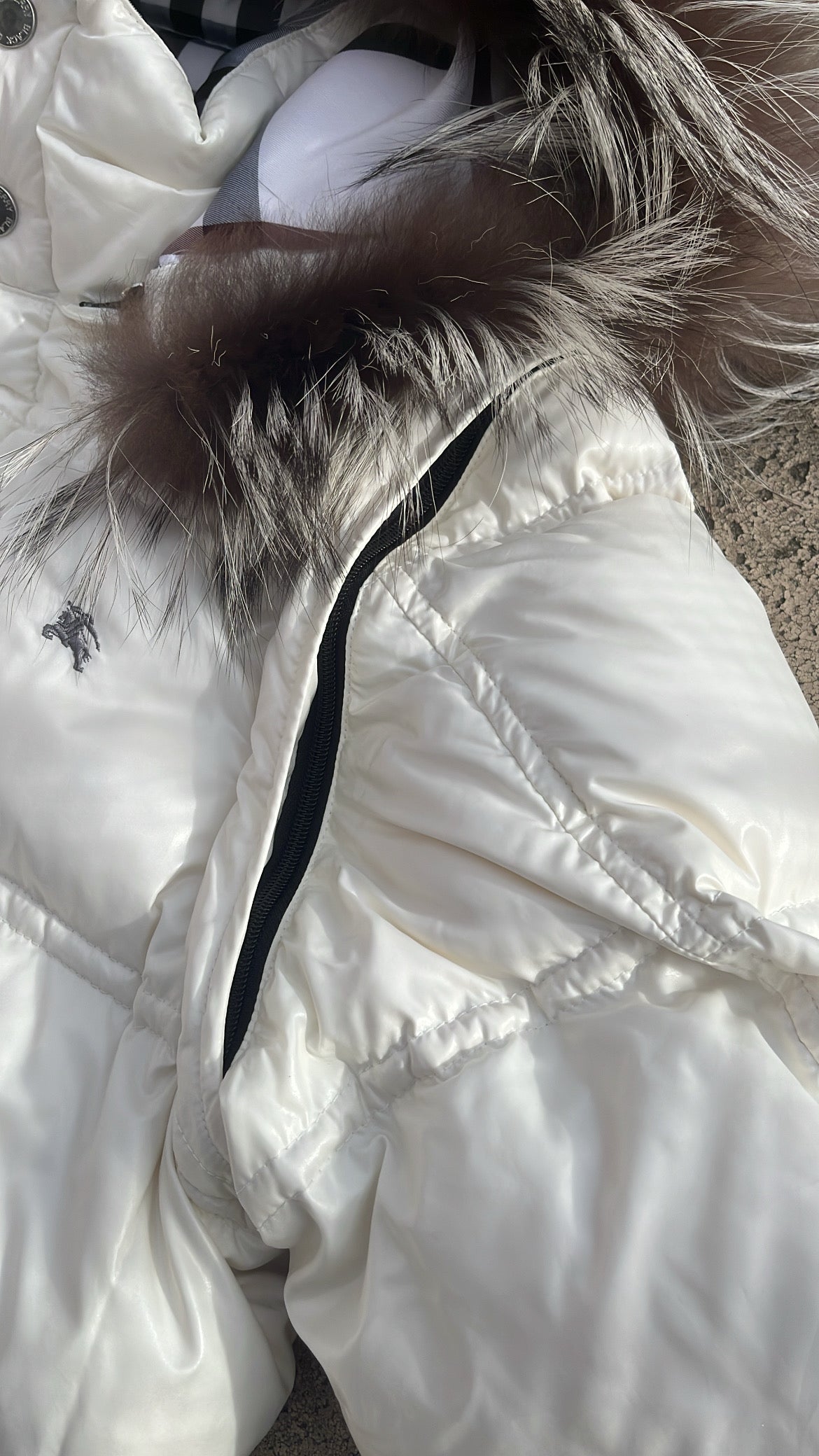 Burberry Black Label Glossy White Jacket - M - Real Silver Fox Fur