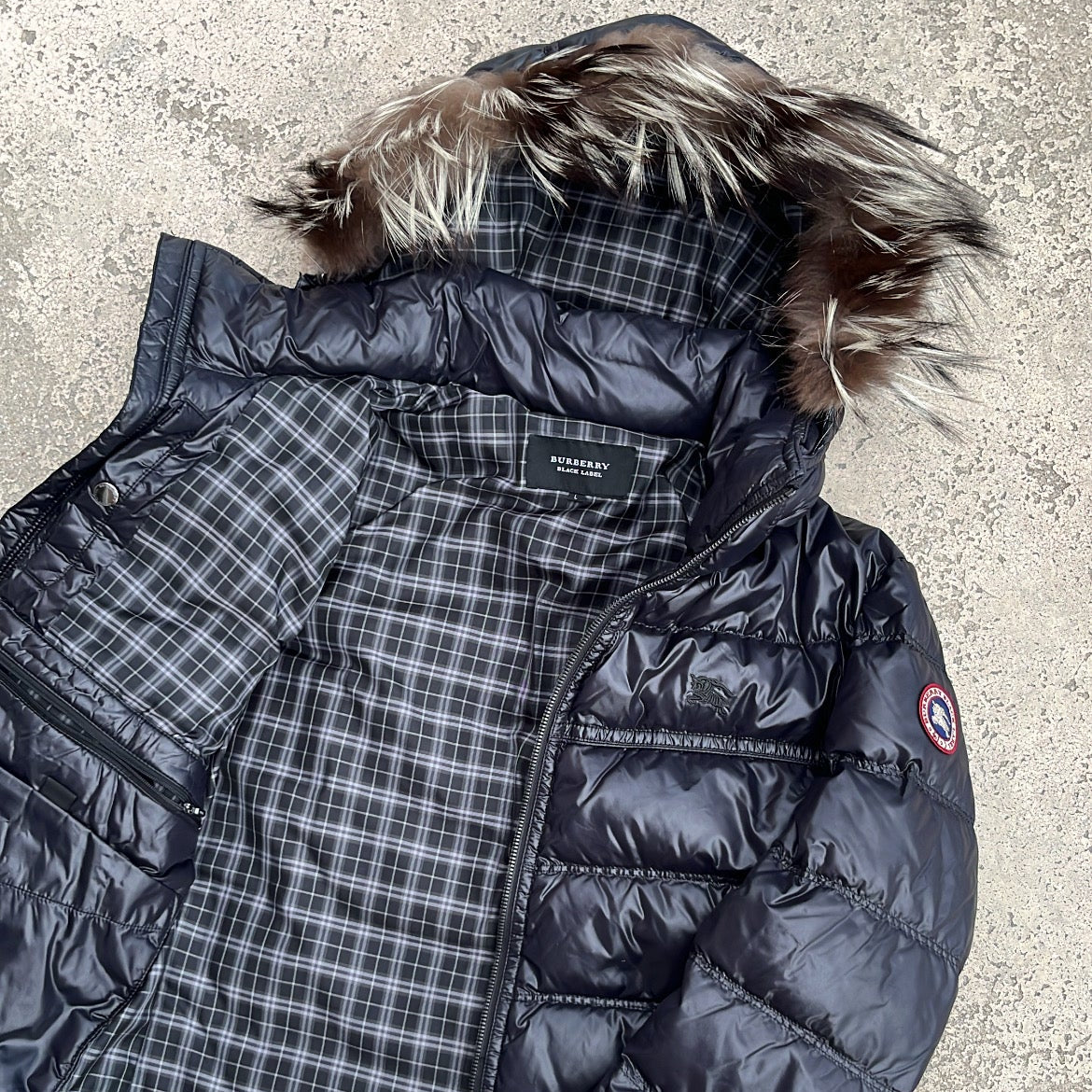Burberry Black Label Glossy Black Jacket - L - Silver Fox Fur