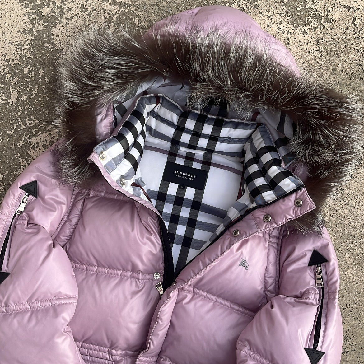 Burberry Black Label Glossy Pink Jacket - M - Real Silver Fox Fur