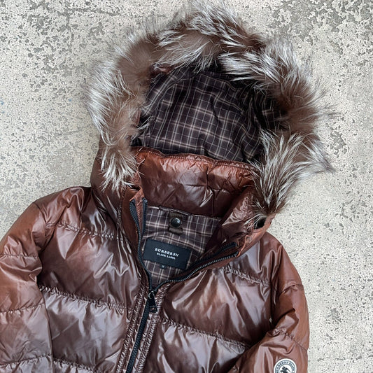 Burberry Black Label Glossy Brown Jacket - M - Silver Fox Fur