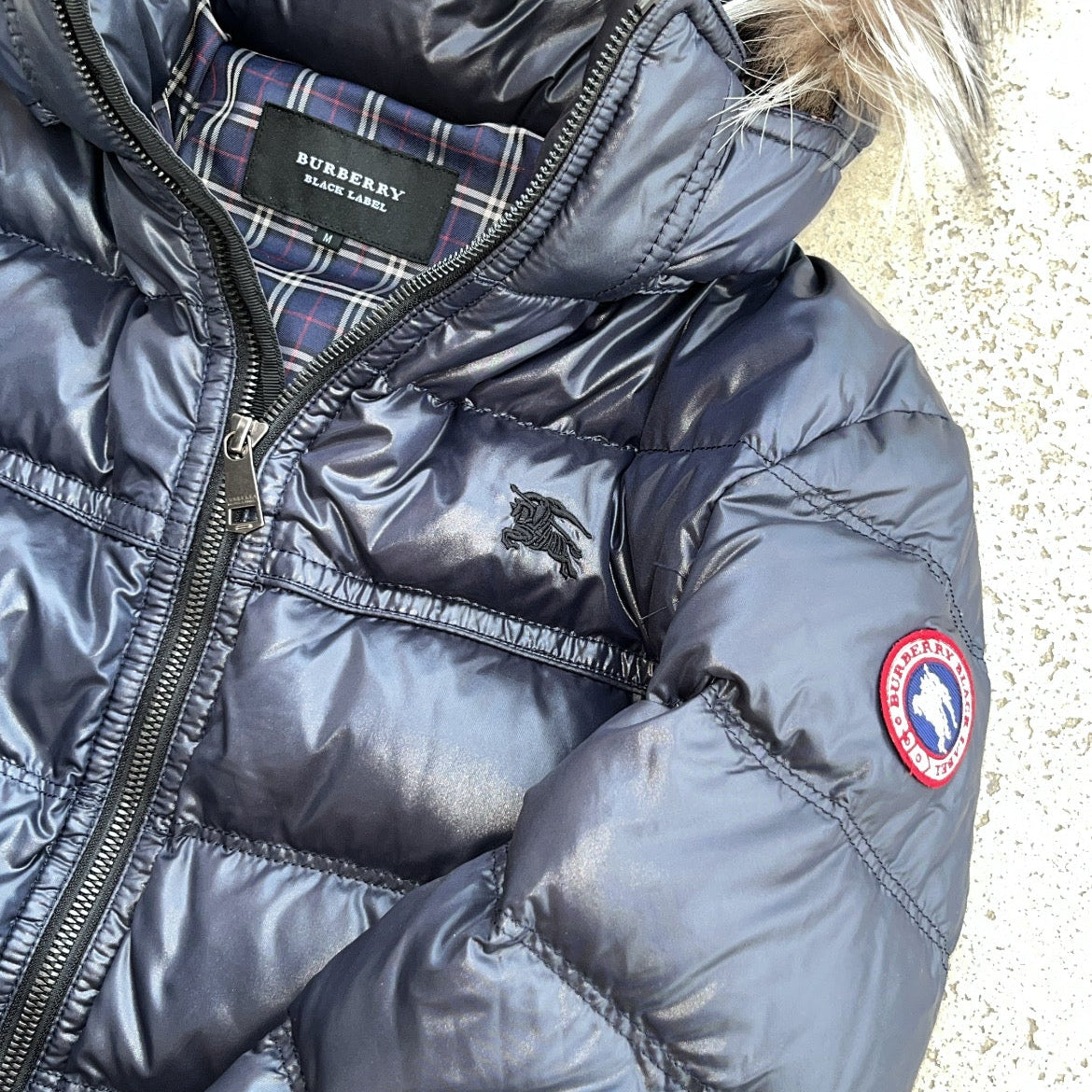 Burberry Black Label Glossy Navy Blue Jacket - M - Silver Fox Fur
