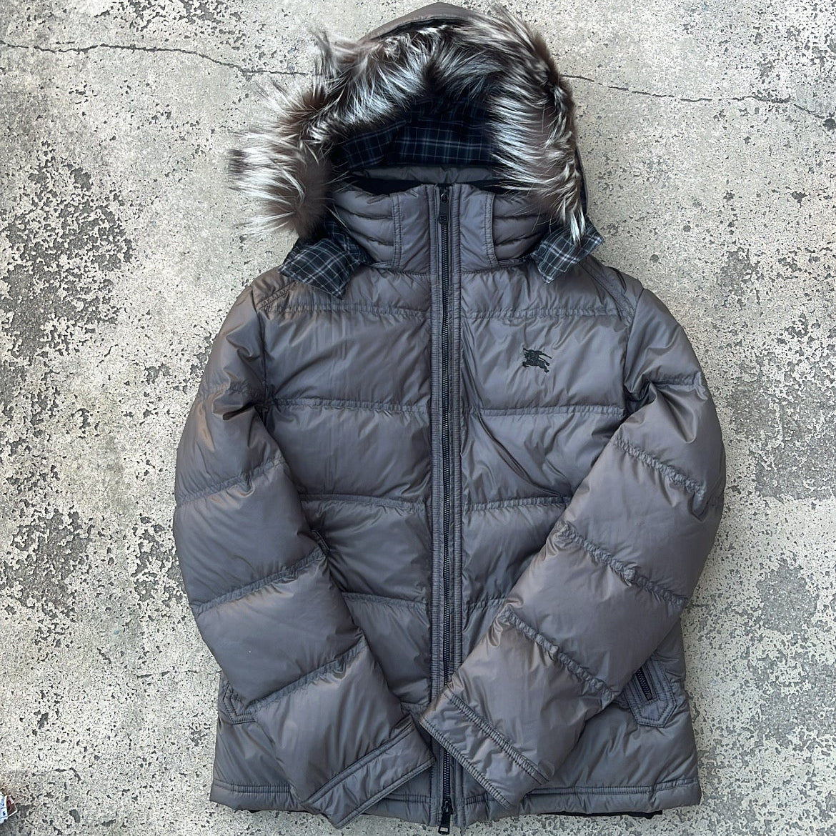Burberry Black Label Glossy Grey Jacket - L - Real Silver Fox Fur