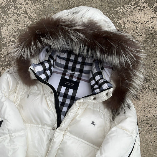 Burberry Black Label Glossy White Jacket - M - Real Silver Fox Fur