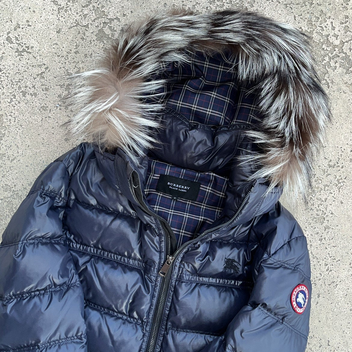 Burberry Black Label Glossy Navy Blue Jacket - M - Real Silver Fox Fur