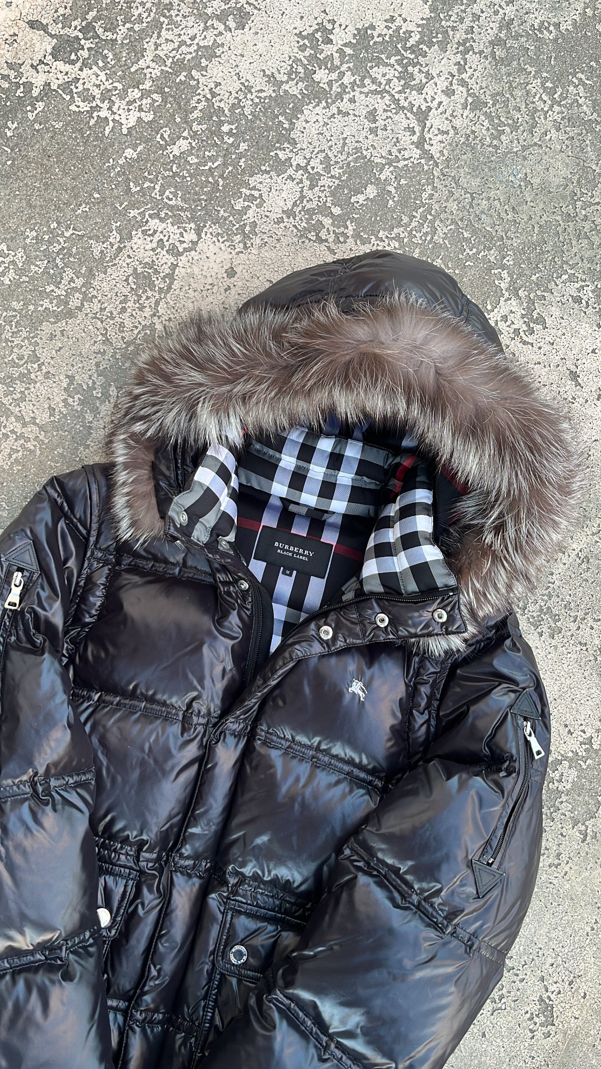 Burberry Black Label Glossy Black Jacket - M - Real Silver Fox Fur