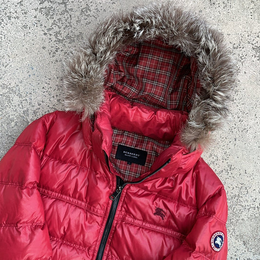 Burberry Black Label Glossy Red Jacket - L - Silver Fox Fur