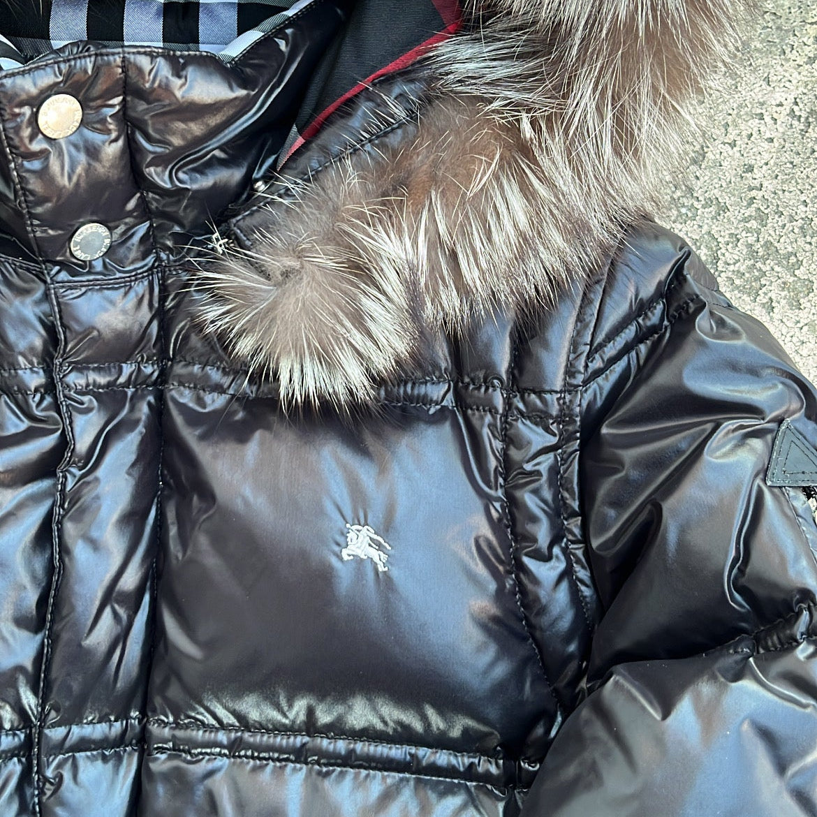 Burberry Black Label Glossy Black Jacket - M - Real Silver Fox Fur
