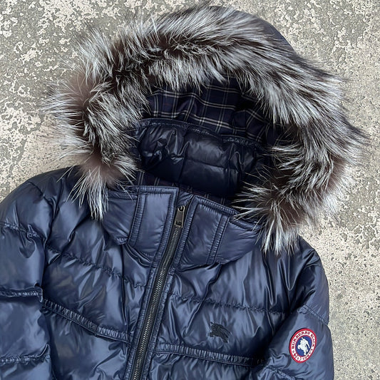 Burberry Black Label Glossy Navy Blue Jacket - M - Real Silver Fox Fur