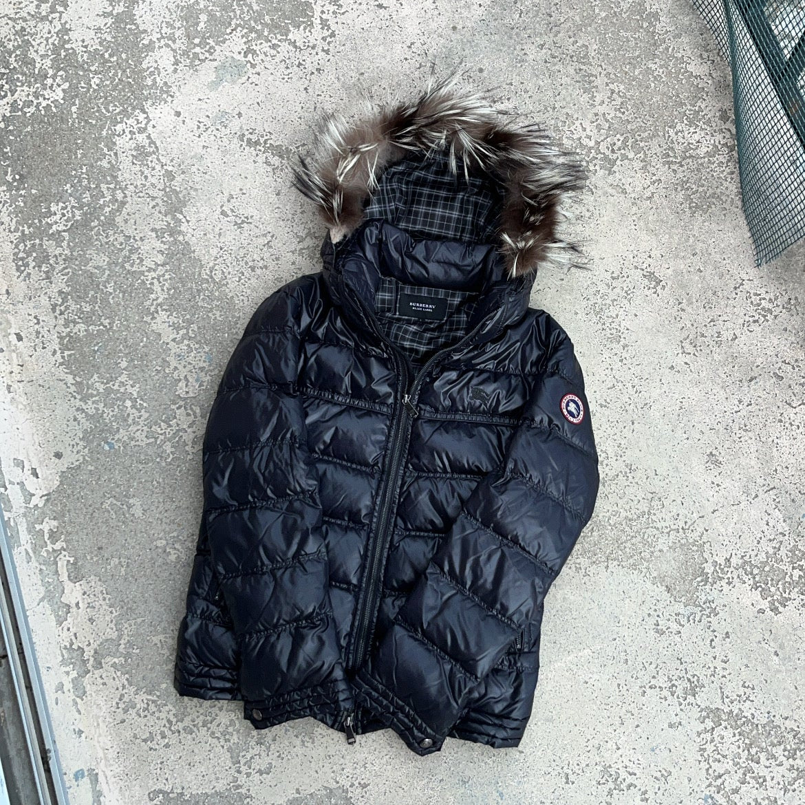 Burberry Black Label Glossy Black Jacket - L - Silver Fox Fur
