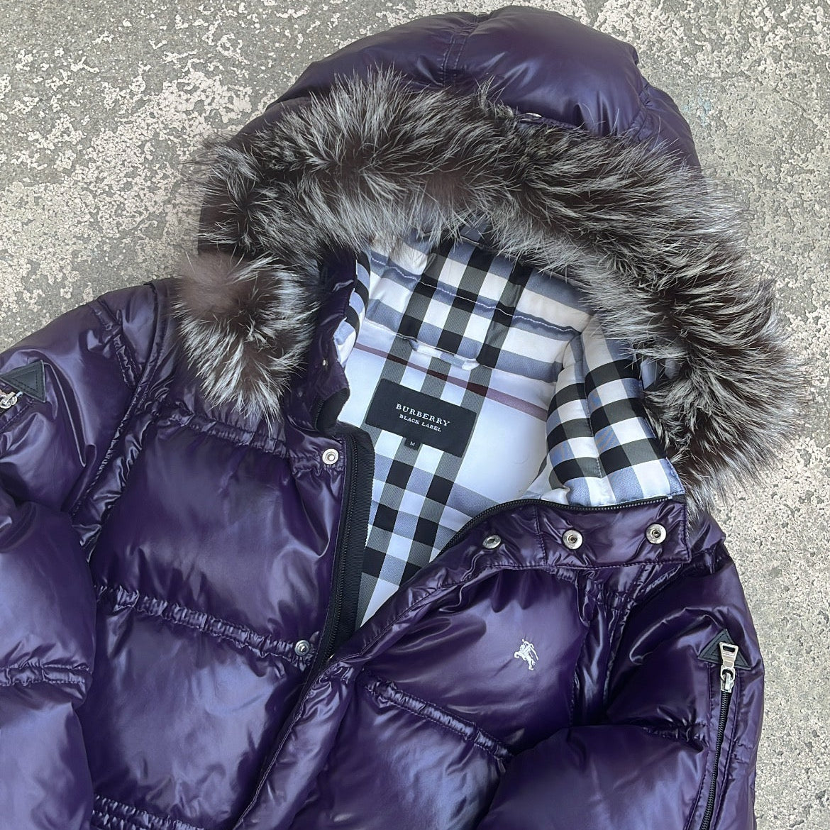 Burberry Black Label Glossy Purple Jacket - M - Real Silver Fox Fur