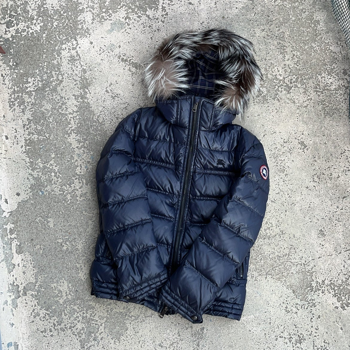 Burberry Black Label Glossy Navy Blue Jacket - M - Silver Fox Fur