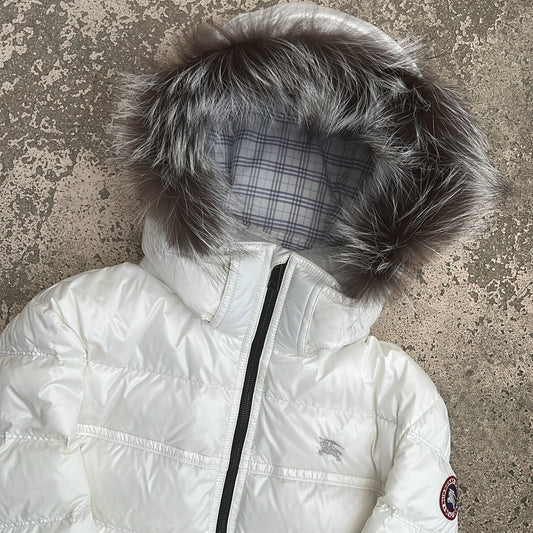 Burberry Black Label Glossy White Jacket - L - Real Silver Fox Fur